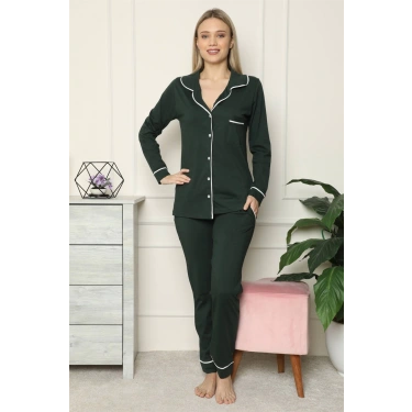 Moda Kadın %100 Pamuk Penye Önden Düğmeli Uzun Kol Pijama Takım Yeşil