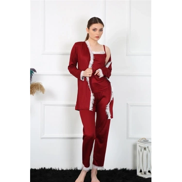 Moda Kadın 3lü Bordo Sabahlık Takım