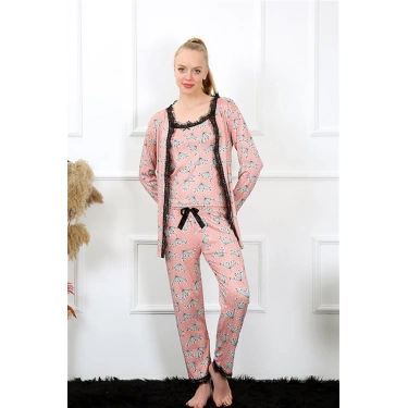 Moda Kadın 3lü Somon Sabahlık Pijama Takım