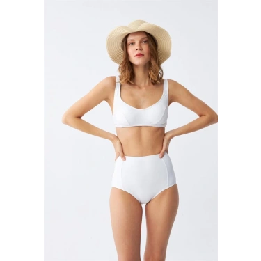 Moda Kadın Basic Beyaz Pedli Yüksek Bel Bikini Takımı