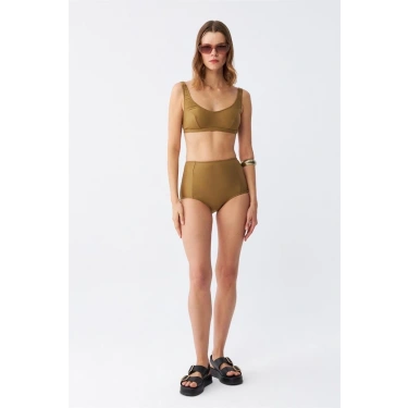 Moda Kadın Basic Hardal Pedli Yüksek Bel Bikini Takımı