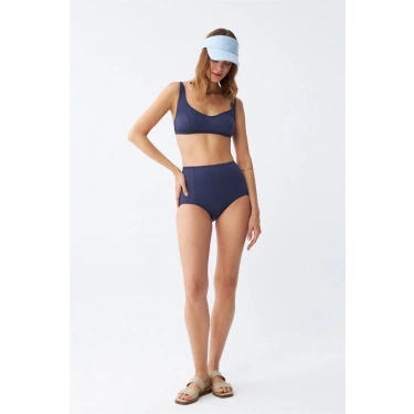Moda Kadın Basic Lacivert Pedli Yüksek Bel Bikini Takımı