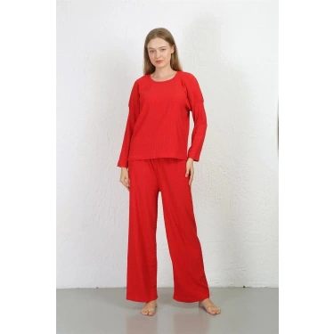 Moda Kadın Bürümcük Kumaş Pijama Takım Kırmızı