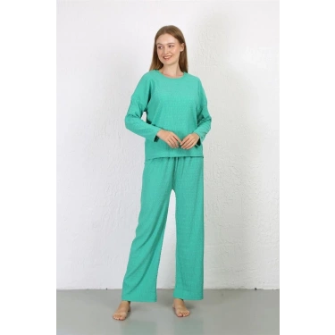 Moda Kadın Bürümcük Kumaş Pijama Takım Yeşil