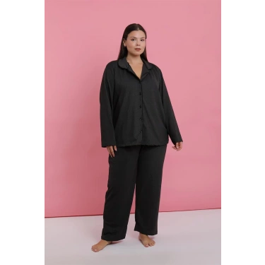 Moda Kadın Büyük Beden Füme Düğmeli Pijama Takımı