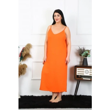 Moda Kadın Büyük Beden İp Askılı Pamuklu Turuncu Uzun Gecelik