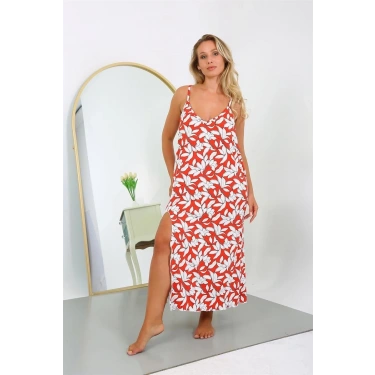 Moda Kadın Büyük Beden İp Askılı Pamuklu Uzun Gecelik