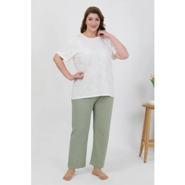 Moda Kadın Büyük Beden Kısa Kol Penye Pijama Takımı Beyaz