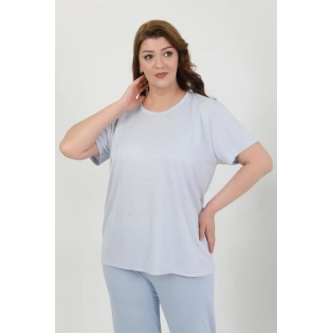 Moda Kadın Büyük Beden Kısa Kol Penye Pijama Takımı Mavi