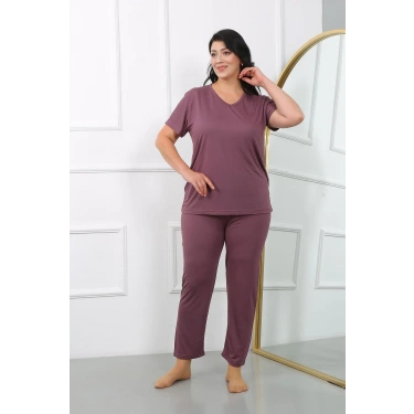 Moda Kadın Büyük Beden Kısa Kol Penye Pijama Takımı Mürdüm