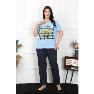 Moda Kadın Büyük Beden Mavi Pijama Takımı