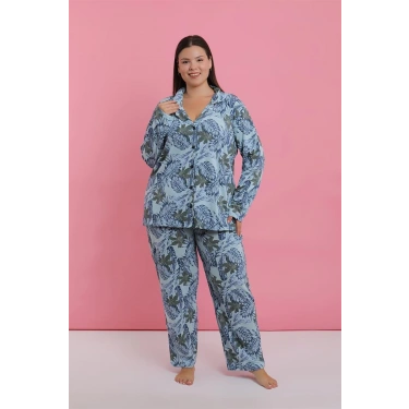 Moda Kadın Büyük Beden Mavi Tropikal Desenli Düğmeli Pijama Takımı