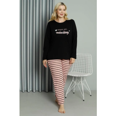 Moda Kadın Büyük Beden Penye Uzun Kol Pijama Takım Siyah