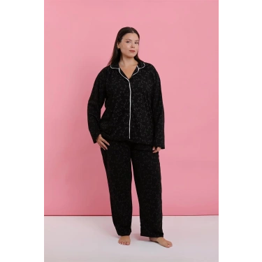 Moda Kadın Büyük Beden Siyah Kırmızı Çiçekli Düğmeli Pijama Takımı
