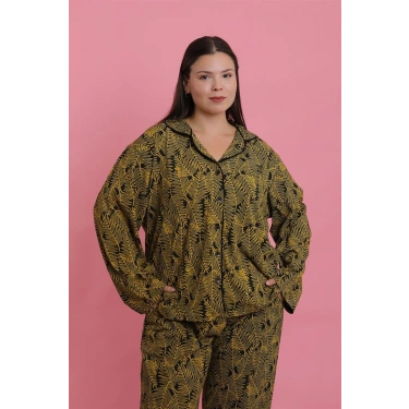 Moda Kadın Büyük Beden Tropikal Yaprak Desenli Düğmeli Pijama Takımı