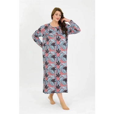 Moda Kadın Büyük Beden Uzun Kol Somon Anne Gecelik