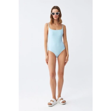 Moda Kadın Buz Mavisi İnce Askılı Düz Tek Parça Mayo