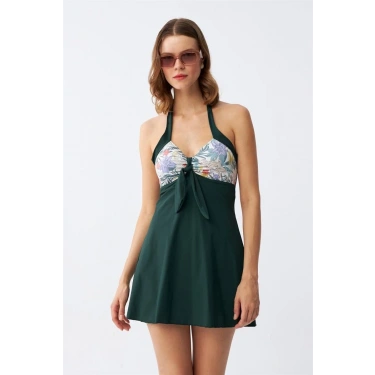 Moda Kadın Çiçek Desenli Fiyonklu Haki Elbise Mayo