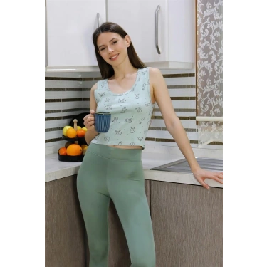 Moda Kadın Crop Büstiyer Tayt Alt Üst Takım SuYeşili