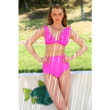 Moda Kadın Fırfırlı Yüksek Bel Fuşya Bikini