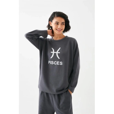 Moda Kadın Füme Balık Burcu Oversize 2 İplik Eşofman Ev Giyim Takımı