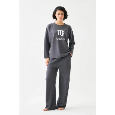 Moda Kadın Füme Başak Burcu Oversize 2 İplik Eşofman Ev Giyim Takımı