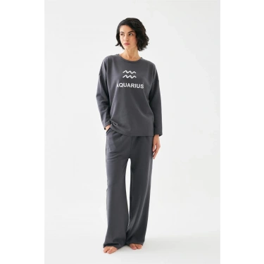 Moda Kadın Füme Kova Burcu Oversize 2 İplik Eşofman Ev Giyim Takımı