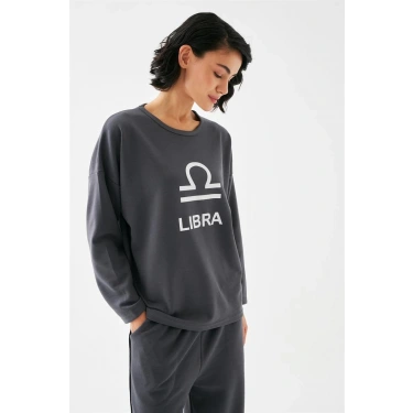 Moda Kadın Füme Terazi Burcu Oversize 2 İplik Eşofman Ev Giyim Takımı