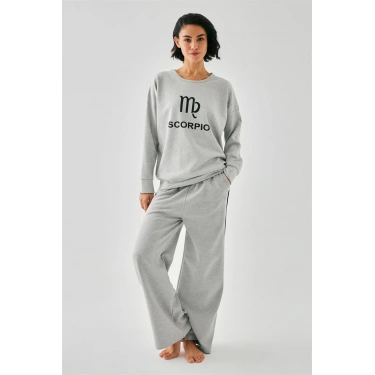 Moda Kadın Gri Akrep Burcu Oversize 2 İplik Eşofman Ev Giyim Takımı
