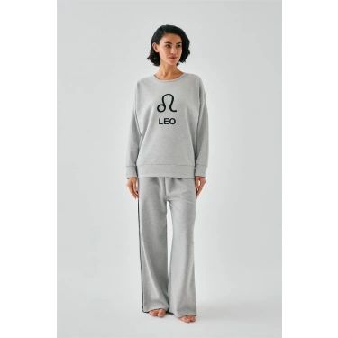 Moda Kadın Gri Aslan Burcu Oversize 2 İplik Eşofman Ev Giyim Takımı