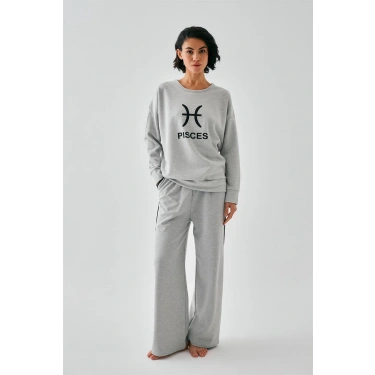 Moda Kadın Gri Balık Burcu Oversize 2 İplik Eşofman Ev Giyim Takımı