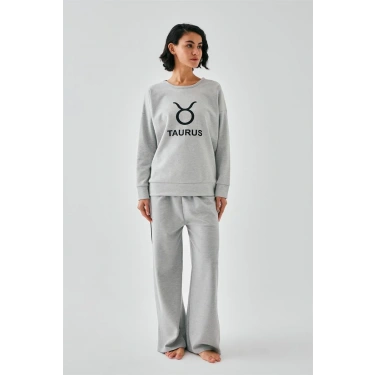 Moda Kadın Gri Boğa Burcu Oversize 2 İplik Eşofman Ev Giyim Takımı