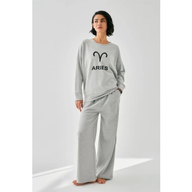 Moda Kadın Gri Koç Burcu Oversize 2 İplik Eşofman Ev Giyim Takımı