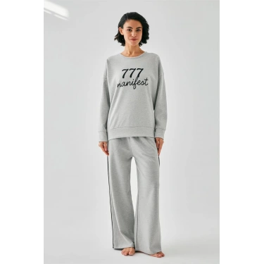 Moda Kadın Gri Manifest Oversize 2 İplik Eşofman Ev Giyim Takımı