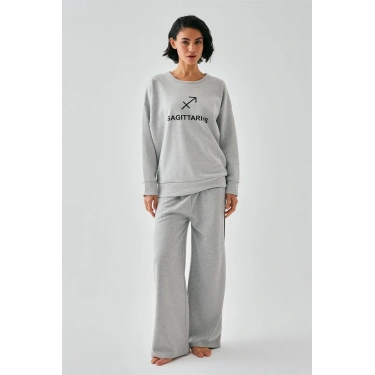 Moda Kadın Gri Yay Burcu Oversize 2 İplik Eşofman Ev Giyim Takımı