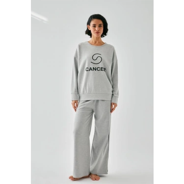 Moda Kadın Gri Yengeç Burcu Oversize 2 İplik Eşofman Ev Giyim Takımı