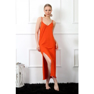 Moda Kadın İp Askılı Turuncu Uzun Gecelik