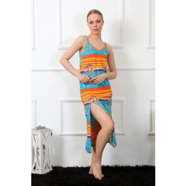 Moda Kadın İp Askılı Uzun Gecelik Mavi