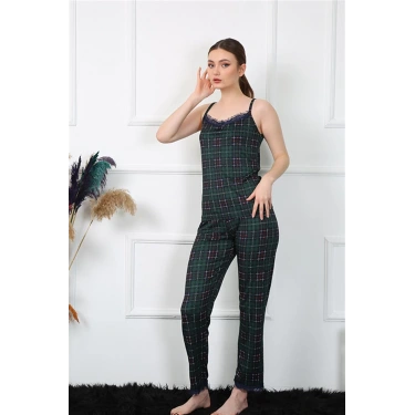 Moda Kadın İp Askılı Yeşil Ekoseli Pijama Takım
