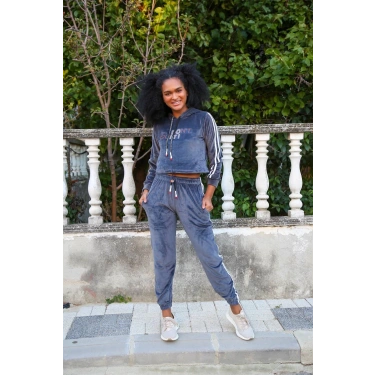 Moda Kadın Kadife Kapşonlu Eşofman Takım Gri