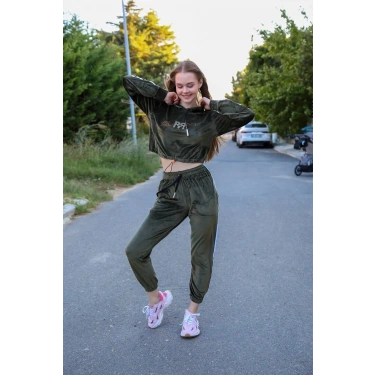 Moda Kadın Kadife Kapşonlu Eşofman Takım Haki