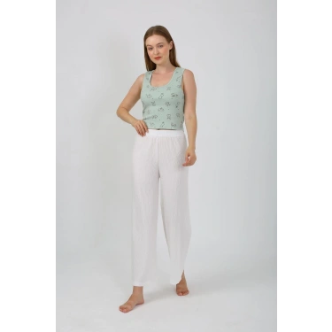 Moda Kadın Kalın Askılı Body Bol Paça Pantolon 2`li Takım Beyaz