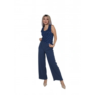 Moda Kadın Kalın Askılı Body Bol Paça Pantolon 2`li Takım Lacivert