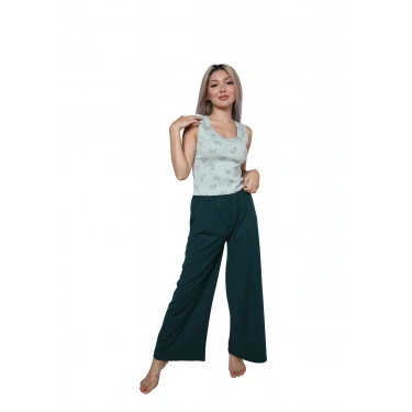 Moda Kadın Kalın Askılı Body Bol Paça Pantolon 2`li Takım Su Yeşili