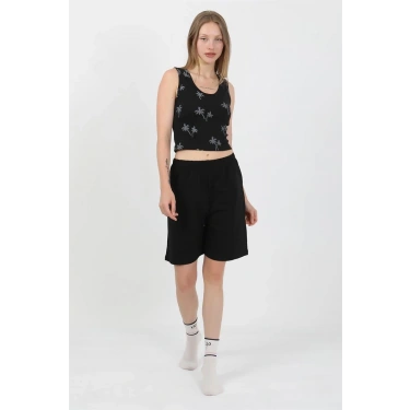 Moda Kadın Kalın Askılı Pamuk Penye Şortlu Crop Takım Siyah