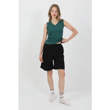 Moda Kadın Kalın Askılı Pamuk Penye Şortlu Takım Yeşil