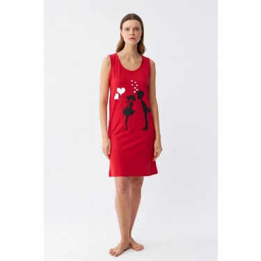 Moda Kadın Kalın Askılı Penye Diz Üstü Kırmızı Gecelik