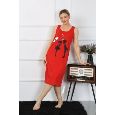 Moda Kadın Kalın Askılı Penye Uzun Kırmızı Gecelik