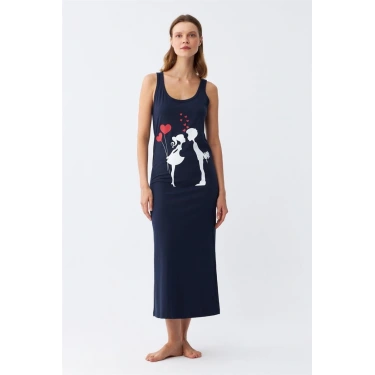 Moda Kadın Kalın Askılı Penye Uzun Lacivert Gecelik