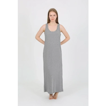 Moda Kadın Kalın Askılı Yırtmaçlı Uzun Gri Gecelik